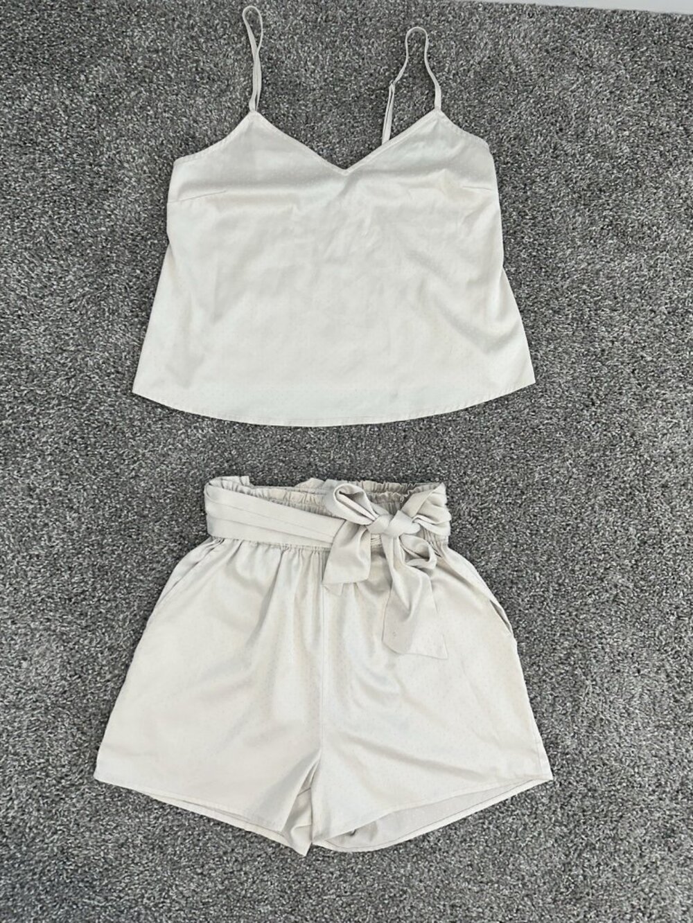 Something Navy Satin 2 Piece Set Cami Crop Top & Tie Waist Paperbag Shorts XXS